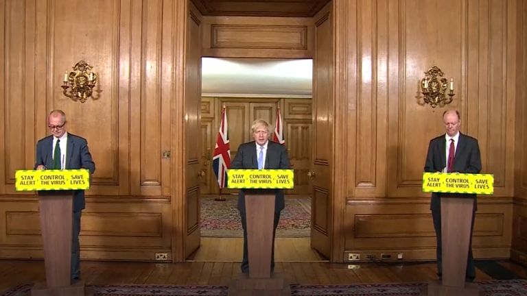 Boris Johnson flanked by his medical and scientific advisers at the final daily briefing