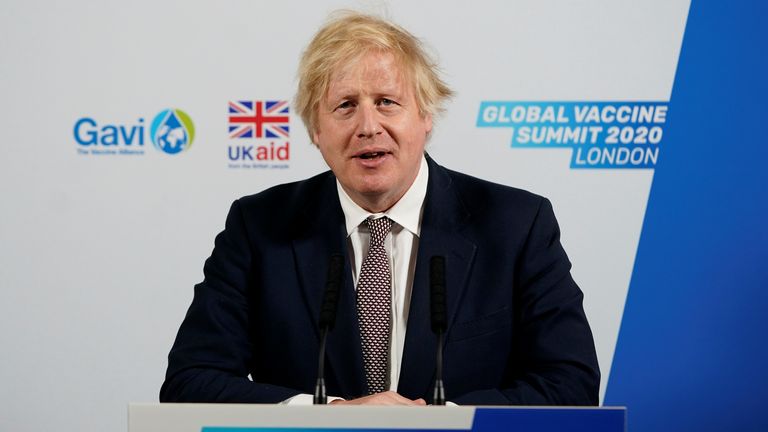 Britain&#39;s Prime Minister Boris Johnson delivers his speech to the Global Vaccine Summit  via Zoom from the White Room of 10 Downing Street