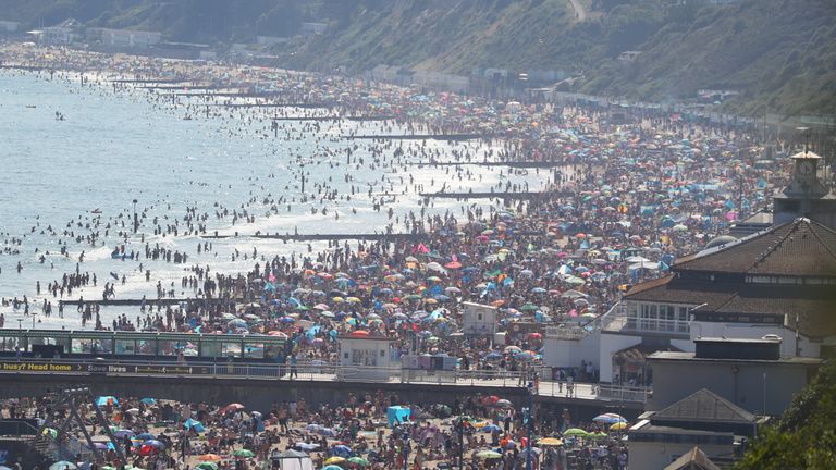 The scene on the beach in Bournemouth, Dorset