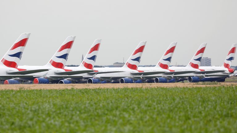 British Airways Airbus A380 airplanes are stored on the tarmac of Marcel-Dassault airport at Chateauroux during the outbreak of the coronavirus disease (COVID-19) in France June 10, 2020. Picture taken June 10, 2020. REUTERS/Charles Platiau