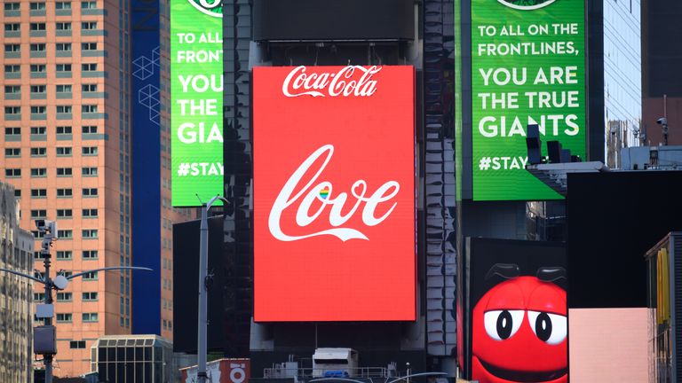 The Coca-Cola billboard in Times Square displays Pride colors on June 23, 2020 in New York City. 