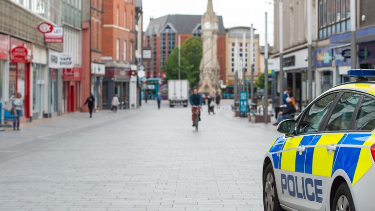 A police car in the centre of Leicester after the Health Secretary Matt Hancock imposed a local lockdown following a spike in coronavirus cases in the city.