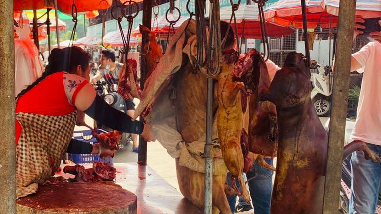 Dog meat carcasses hanging up at the market.
Pic: Humane Society International 