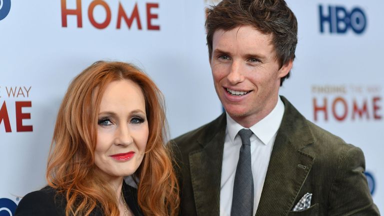 English author JK Rowling (L) and English actor Eddie Redmayne attend HBO&#39;s "Finding The Way Home" world premiere at Hudson Yards on December 11, 2019 in New York City