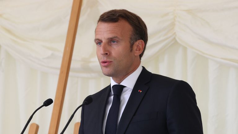 French president Emmanuel Macron delivers a speech following a wreath laying at a ceremony at Carlton Gardens in London during his visit to the UK.