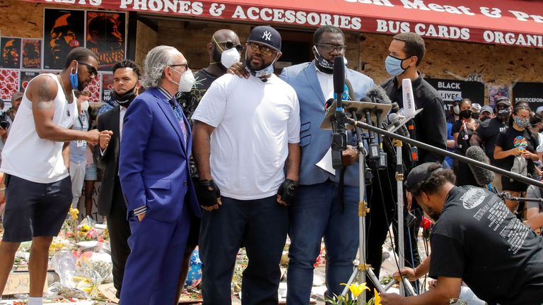 Terrence Floyd, brother of George Floyd, reacts at a makeshift memorial honouring George Floyd, at the spot where he was taken into custody, in Minneapolis
