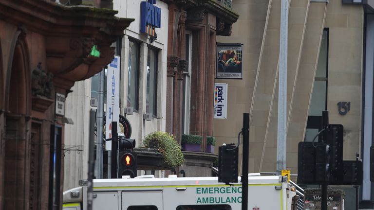The Park Inn hotel at the scene in West George Street, Glasgow, where a man has been shot by an armed officer after another officer was injured during an attack.