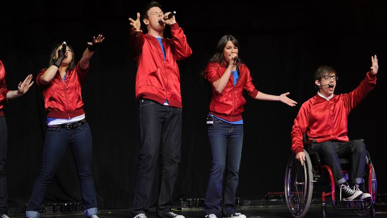 Former Glee stars Jenna Ushkowitz, Cory Monteith, Lea Michele and Kevin McHale performing in 2010