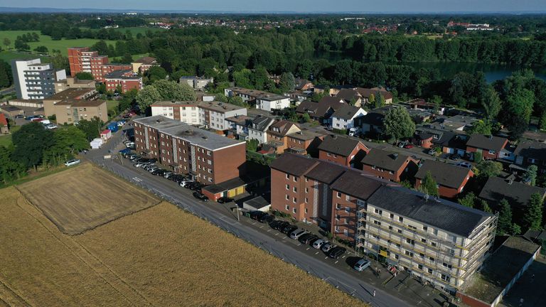 Aerial view apartment buildings that house workers from the nearby Toennies meat packing plant in Guetersloh