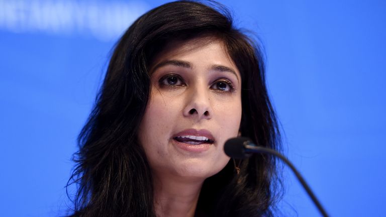 Gita Gopinath, IMF Chief Economist and Director of the Research Department, speaks at a briefing during the IMF and World Bank Fall Meetings on October 15, 2019 in Washington, DC. -