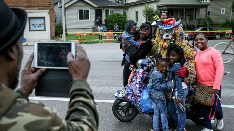 People pose for photos during the annual Juneteenth Day Festival in Milwaukee, Wisconsin, in 2019