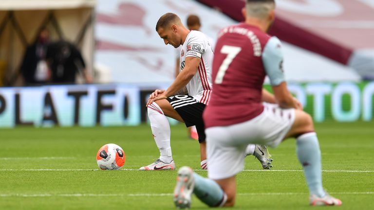 Sheffield United&#39;s Billy Sharp and Aston Villa&#39;s John McGinn take a knee as play resumes behind closed doors following the outbreak of the coronavirus disease