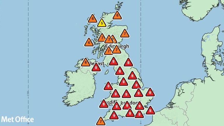 The UV index will reach level eight for most of England and Wales, and level nine in the South West. Pic: Met Office