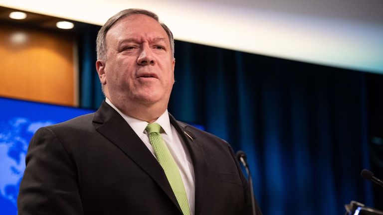 US Secretary of State Mike Pompeo speaks the press at the State Department in Washington, DC, on May 20, 2020. (Photo by NICHOLAS KAMM / POOL / AFP) (Photo by NICHOLAS KAMM/POOL/AFP via Getty Images)
