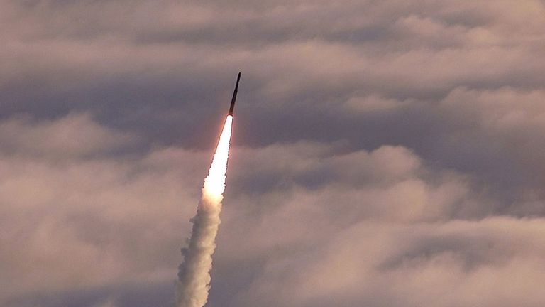 UNDATED: (FILE PHOTO) An unarmed Minuteman II intercontinental ballistic missile launches from Vandenberg Air Force Base, California. Missile Defense Agency is expected to conduct a developmental flight test October 14, 2002, including a planned intercept of long-range ballistic missile target in support of Ground-Based Midcourse Defense (GMD) test program. Interceptor will launch from Ronald Reagan Missile Test Facility at Kwajalein Atoll in Marshall Islands. (Photo by USAF/Getty Images)
