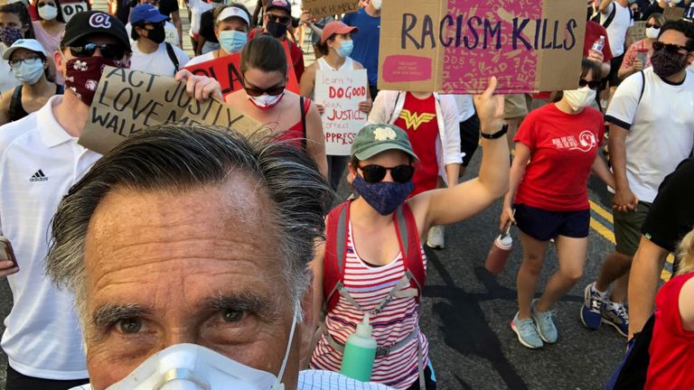 US senator Mitt Romney posted this image on Twitter of himself at a peaceful protest in Washington DC