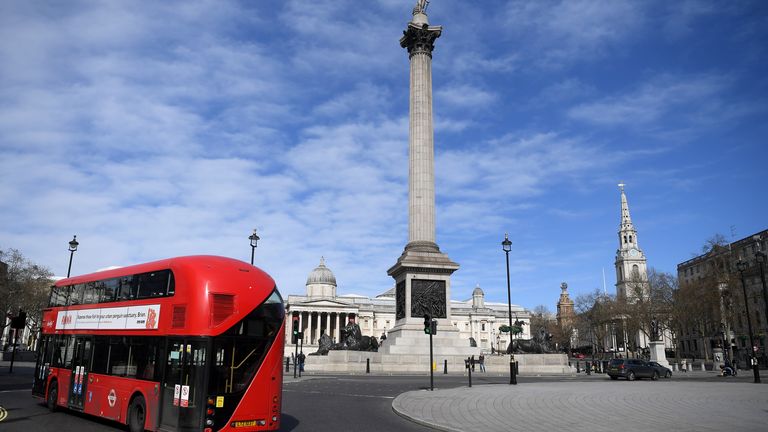 Nelson&#39;s Column towers over Trafalgar Square in central London