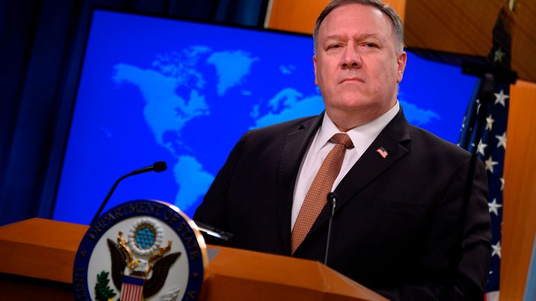 US Secretary of State Mike Pompeo speaks during a press conference at the State Department in Washington, DC, on March 25, 2020. - Foreign ministers of the Group of Seven industrial powers agreed in talks Wednesday that China is waging a "disinformation" campaign about the coronavirus pandemic, Pompeo said
