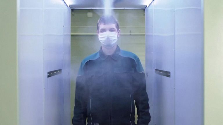 The tunnel douses visitors with antibacterial solution. Pic: MIZZOTTY