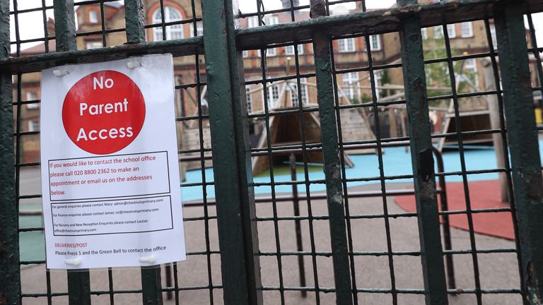 A sign saying &#39;no parent access&#39; on a primary school gate in London, following the introduction of measures to bring England out of lockdown