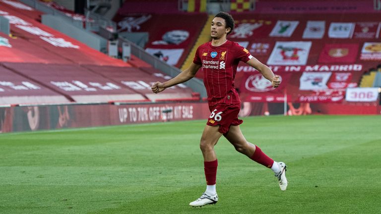 Trent Alexander-Arnold celebrates scoring Liverpool's first goal against Crystal Palace on Wednesday 