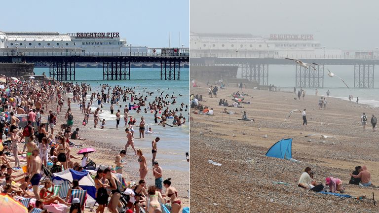 Composite photo of (top) crowds gathered on Brighton beach yesterday (25/06/20), and the same area today (bottom), as thunderstorms and torrential rain are forecast to sweep across the UK, bringing an end to a week of blazing sunshine and scorching temperatures.
