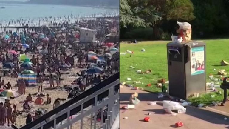  Piles of rubbish were left strewn across a park and the beach was packed as crowds flocked to Bournemouth during the hot weather