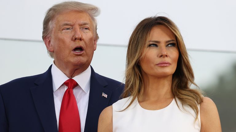 WASHINGTON, DC - JULY 04: President Donald Trump and first Lady Melania Trump participate in an event on the South Lawn of the White House on July 04, 2020 in Washington, DC. President Trump is hosting a "Salute to America" celebration that includes flyovers by military aircraft and a large fireworks display.  (Photo by Tasos Katopodis/Getty Images)