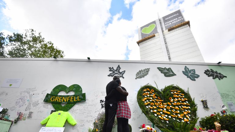 People at the Grenfell Memorial Community Mosaic next to the tower block in London on the third anniversary of the Grenfell Tower fire which claimed 72 lives on June 14 2017.