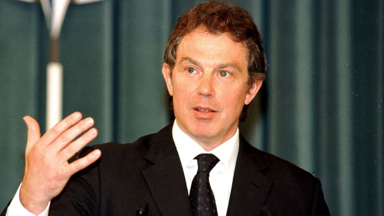 Britain&#39;s Prime Minister Tony Blair During A Joint Press Conference With Nato Secretary General Javier Solana At Nato Headquarters In Brussels April 20, 1999. Blair Is On A Visit To Nato To Discuss The Kosovo Crisis.  (Photo By Nato/Getty Images)