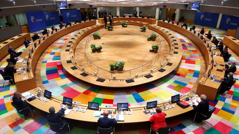 A general view of the start of the European Union Council in Brussels on July 17, 2020, as the leaders of the European Union hold their first face-to-face summit over a post-virus economic rescue plan. - The EU has been plunged into a historic economic crunch by the coronavirus crisis, and EU officials have drawn up plans for a huge stimulus package to lead their countries out of lockdown. (Photo by FRANCOIS LENOIR / POOL / AFP) (Photo by FRANCOIS LENOIR/POOL/AFP via Getty Images)