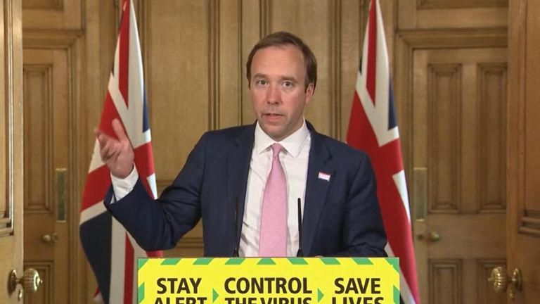 Screen grab of Health Secretary Matt Hancock, during a media briefing in Downing Street, London, on coronavirus (COVID-19).