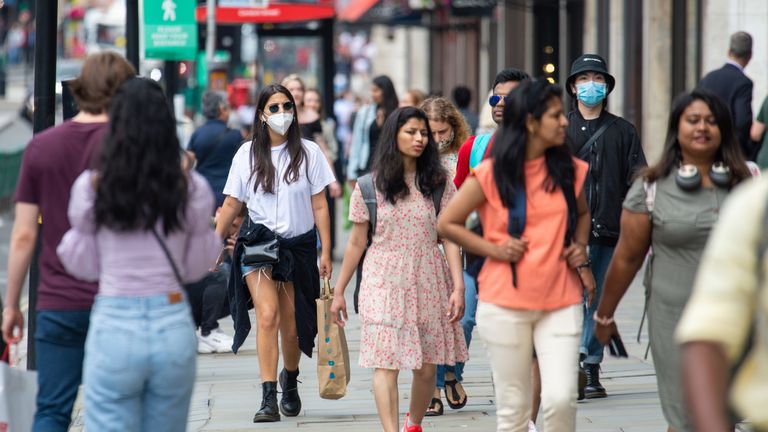 Shoppers on Regent Street, London, ahead of the announcement that it will soon be mandatory to wear a face covering in shops in England.