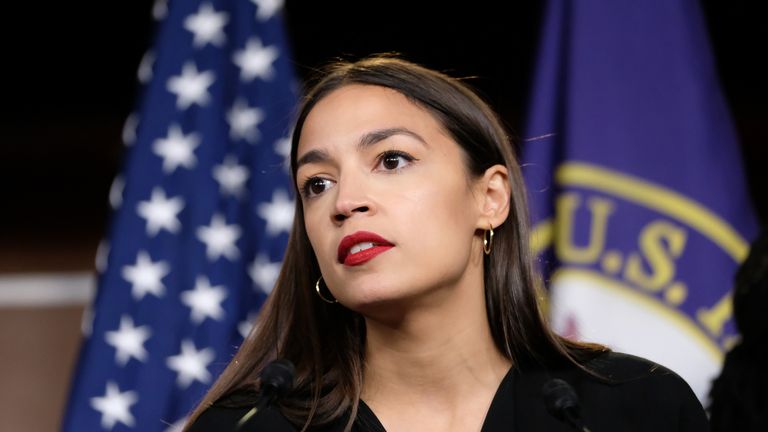 WASHINGTON, DC - JULY 15: U.S. Rep. Alexandria Ocasio-Cortez (D-NY) pauses while speaking during a press conference at the U.S. Capitol on July 15, 2019 in Washington, DC. President Donald Trump stepped up his attacks on four progressive Democratic congresswomen, saying if they're not happy in the United States "they can leave." (Photo by Alex Wroblewski/Getty Images)