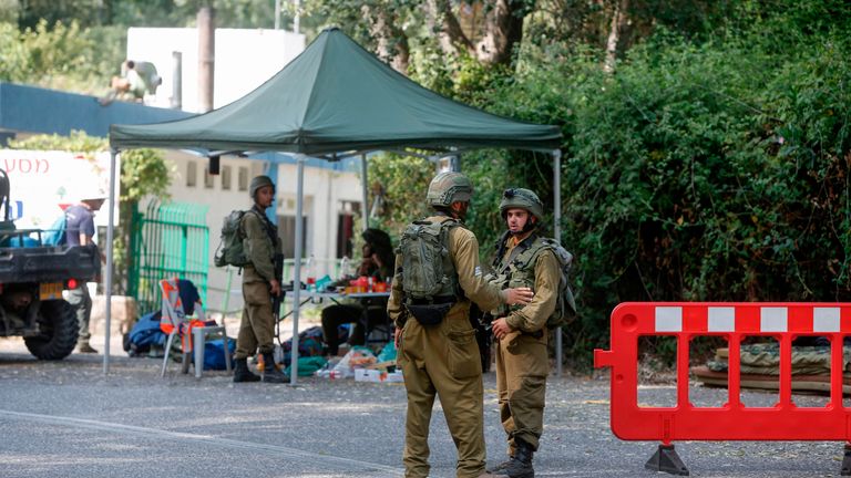 Israeli soldiers set up a check point on the Ghajar-Majdal Shams road by the Blue Line that separates Israel and Lebanon, after reports of clashes in the border area, on July 27, 2020. (Photo by Jalaa MAREY / AFP) (Photo by JALAA MAREY/AFP via Getty Images)