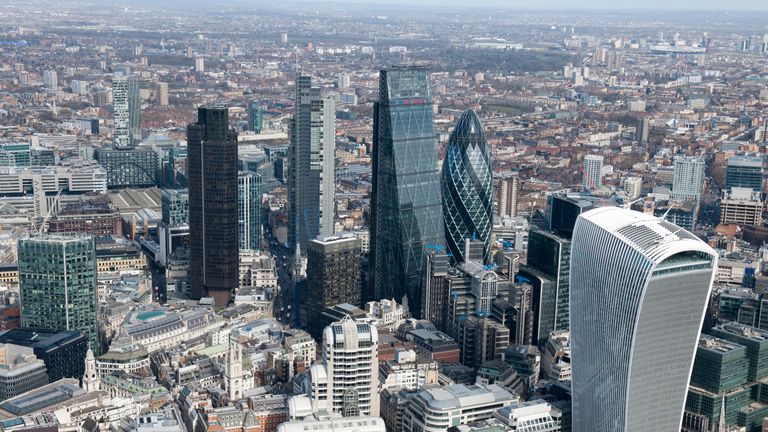 City of London, 2015. A cluster of tall buildings in the City. In the right foreground is the Walkie-Talkie building at 20 Fenchurch Street. Artist Damian Grady. (Photo by English Heritage/Getty Images)