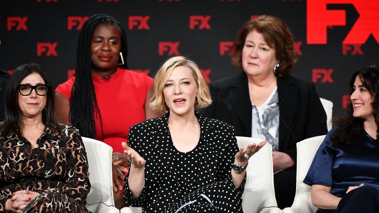 PASADENA, CALIFORNIA - JANUARY 09: (L-R) Stacey Sher, Uzo Aduba, Cate Blanchett, Margo Martindale, and Dahvi Waller of Mrs. America' speak during the FX segment of the 2020 Winter TCA Tour at The Langham Huntington, Pasadena on January 09, 2020 in Pasadena, California. (Photo by Amy Sussman/Getty Images)