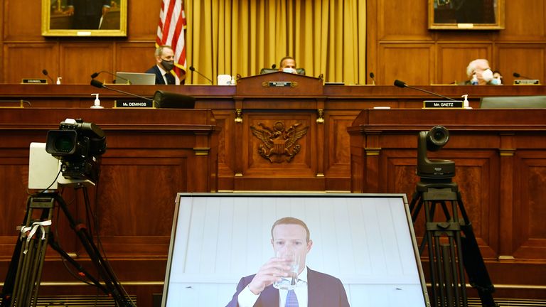 WASHINGTON, DC - JULY 29: Facebook CEO Mark Zuckerberg testifies before the House Judiciary Subcommittee on Antitrust, Commercial and Administrative Law on Online Platforms and Market Power in the Rayburn House office Building, July 29, 2020 on Capitol Hill in Washington, DC. (Photo by Mandel Ngan-Pool/Getty Images)