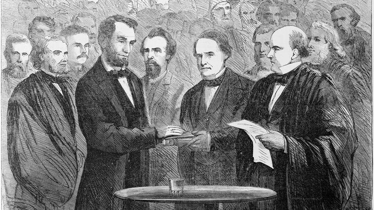This wood engraving depicts chief justice Salmon Chase (r) administering the oath of office to Abraham Lincoln in 1865