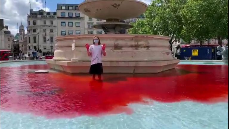 The group Animal Rebellion have dyed the Trafalgar Square fountains red, &#39;symbolising the blood that is on the hands of the UK Government.&#39;