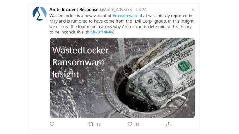 Arete published claims the ransomware was not connected to Evil Corp the day after the attack