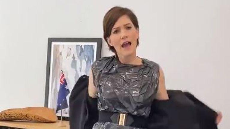 Australian Liberal MP Nicolle Flint wears a bin bag to call out &#39;sexist rubbish&#39; after column describes her clothing choices. Pic: Twitter / @NicolleFlint
