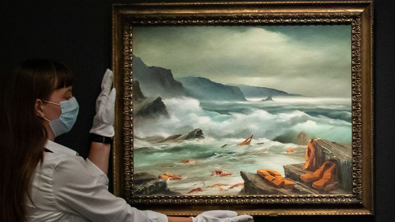 A gallery assistant holds one of a triptych titled Mediterranean Sea View 2017 by Banksy