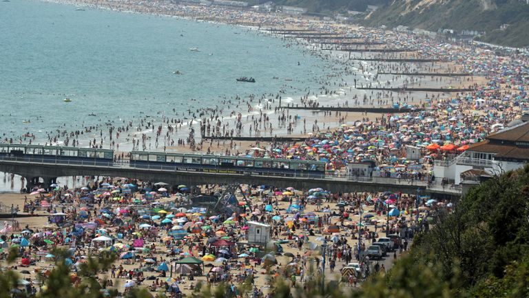 Bournemouth beach was packed as temperatures soared on Friday