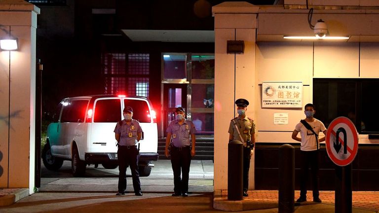 A car enters the US consulate in Chengdu