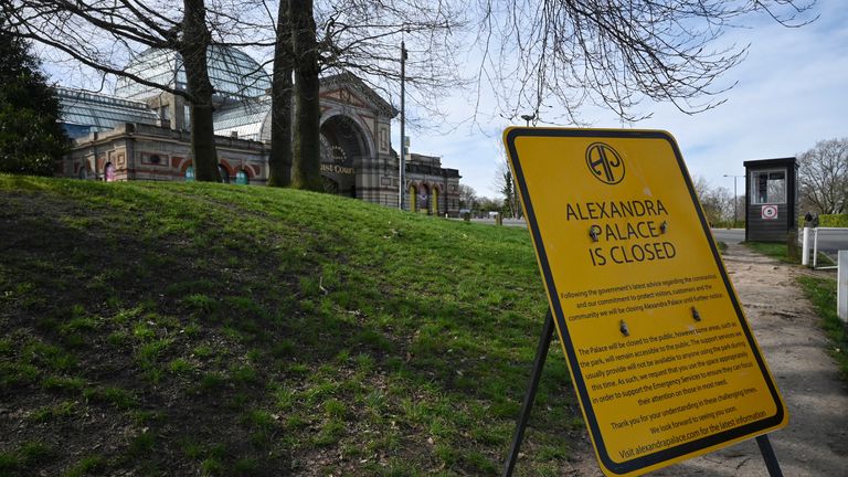 A sign alerts people to the closure of the Alexandra Palace, which has been shut since March