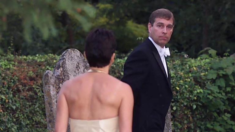 Ghislaine Maxwell and the Duke of York leaving the wedding of a former girlfriend of the Duke, Aurelia Cecil, in 2000