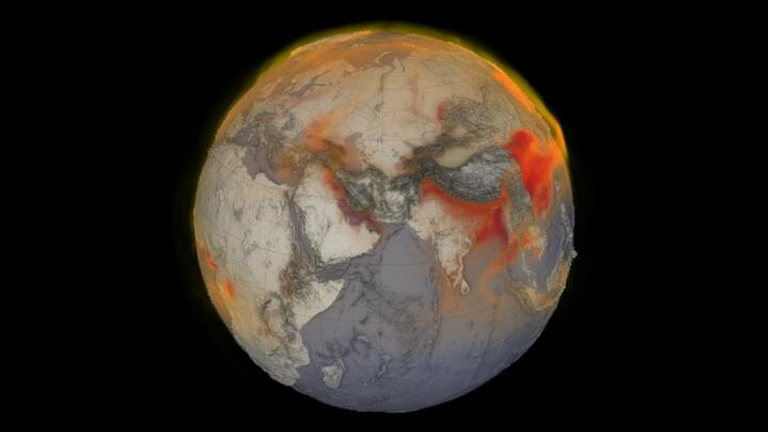 A visualization of global methane on January 26, 2018. Red shows areas with higher concentrations of methane in the atmosphere. Credit: Cindy Starr, Kel Elkins, Greg Shirah and Trent L. Schindler, NASA Scientific Visualization Studio