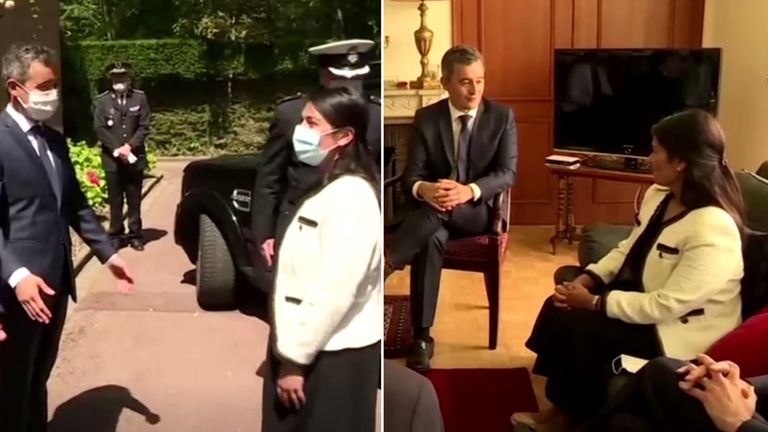 Priti Patel greeted French interior minister outside with a face mask on - but took it off when they met inside