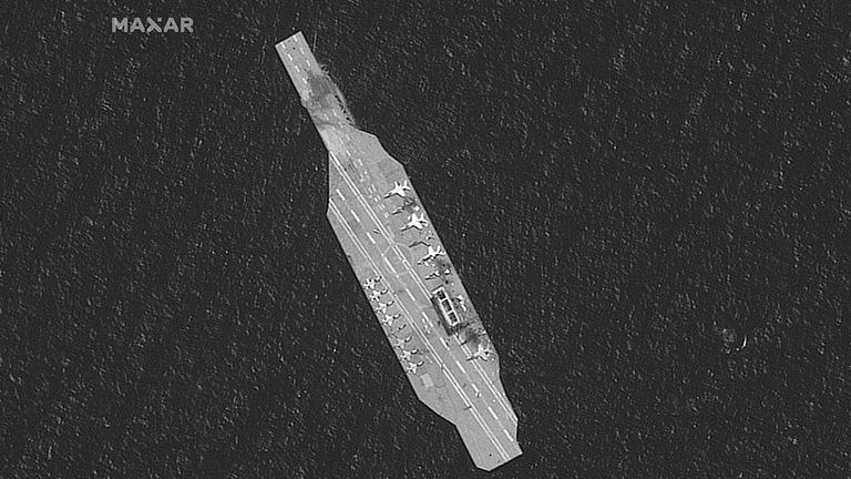 Iranian mockup aircarft carrier in the Strait of Hormuz. Pic: Maxar Technologies/Reuters